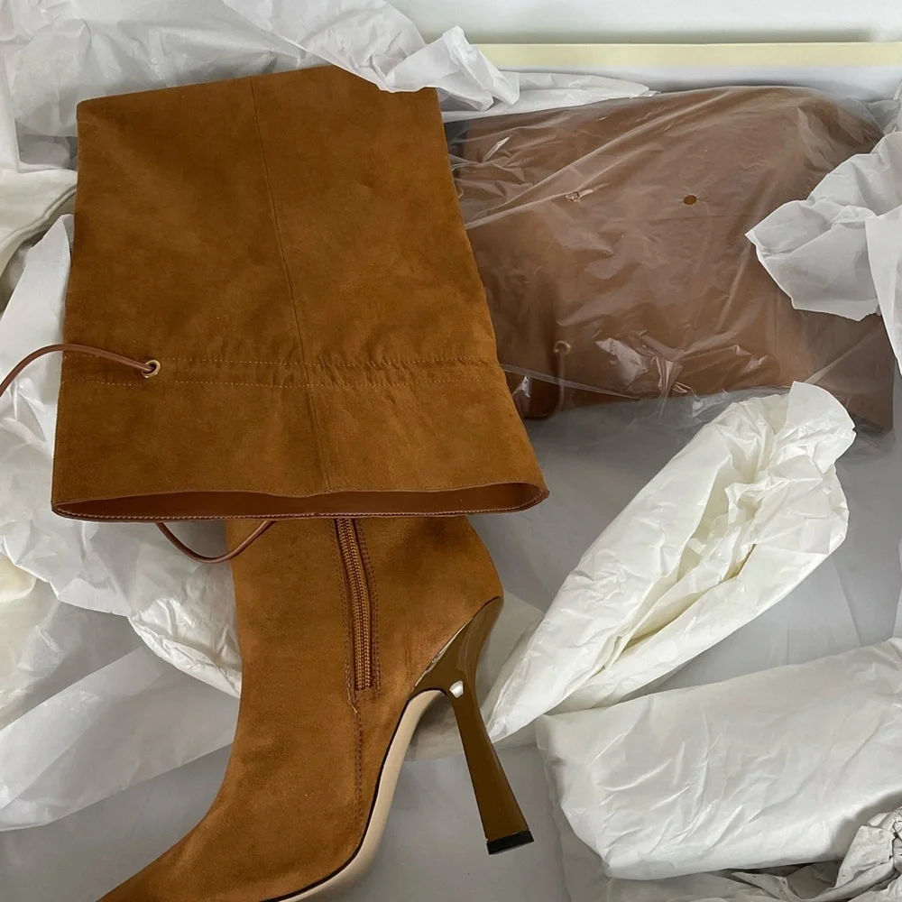 Good American “Carla” Over The Knee Brown Boots Ultra High Spool Heel Sz 6.5
